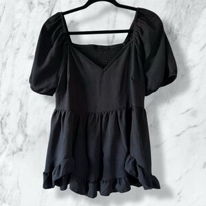 Black Smocked Peplum Top – Sweetheart Neckline, Puff Sleeves, Flowy Hem